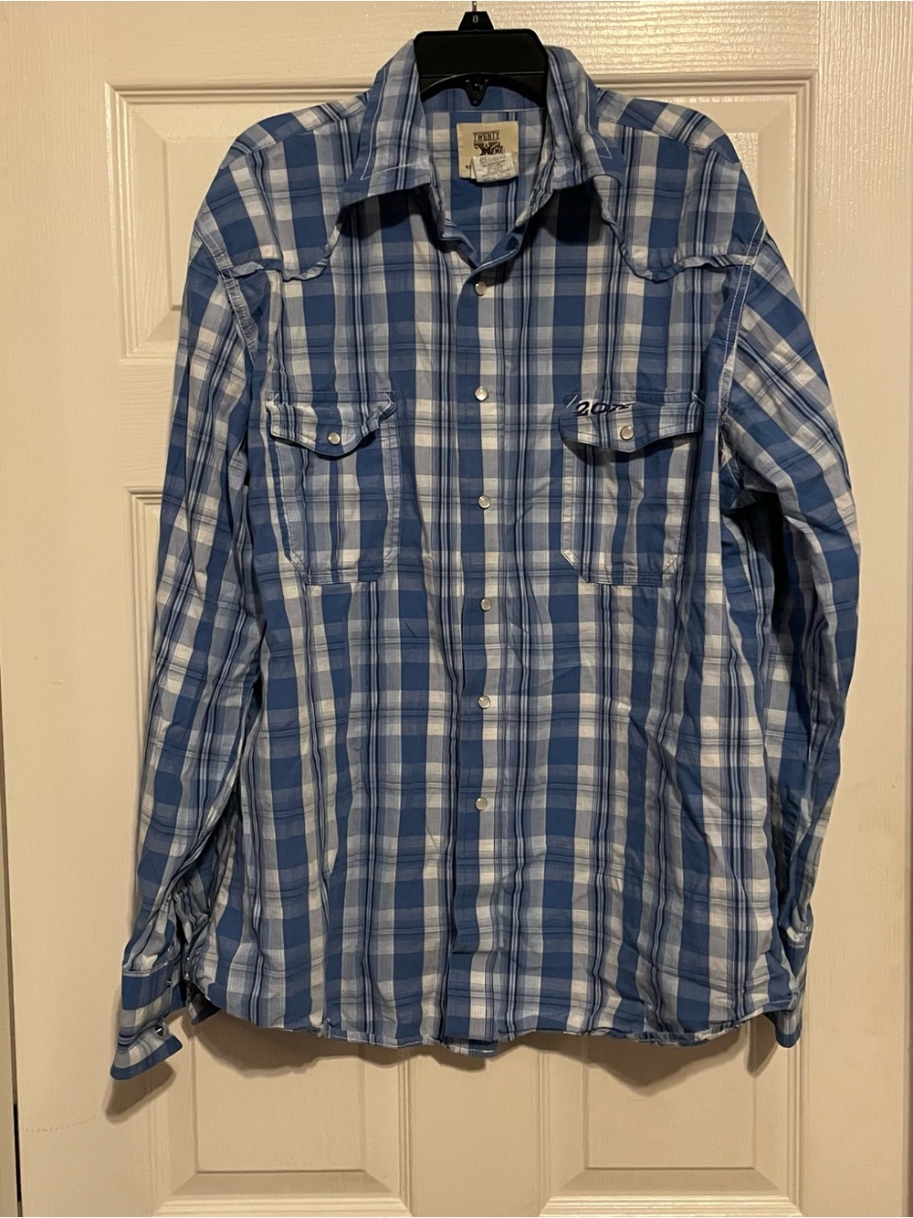 Wrangler 20x Classic Pearl snap Blue Plaid Men's Button-Down Shirt size Large
